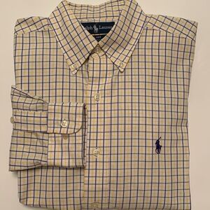 Ralph Lauren Blake 100% Two-Ply Cotton Checkered Blue Yellow Shirt Size S